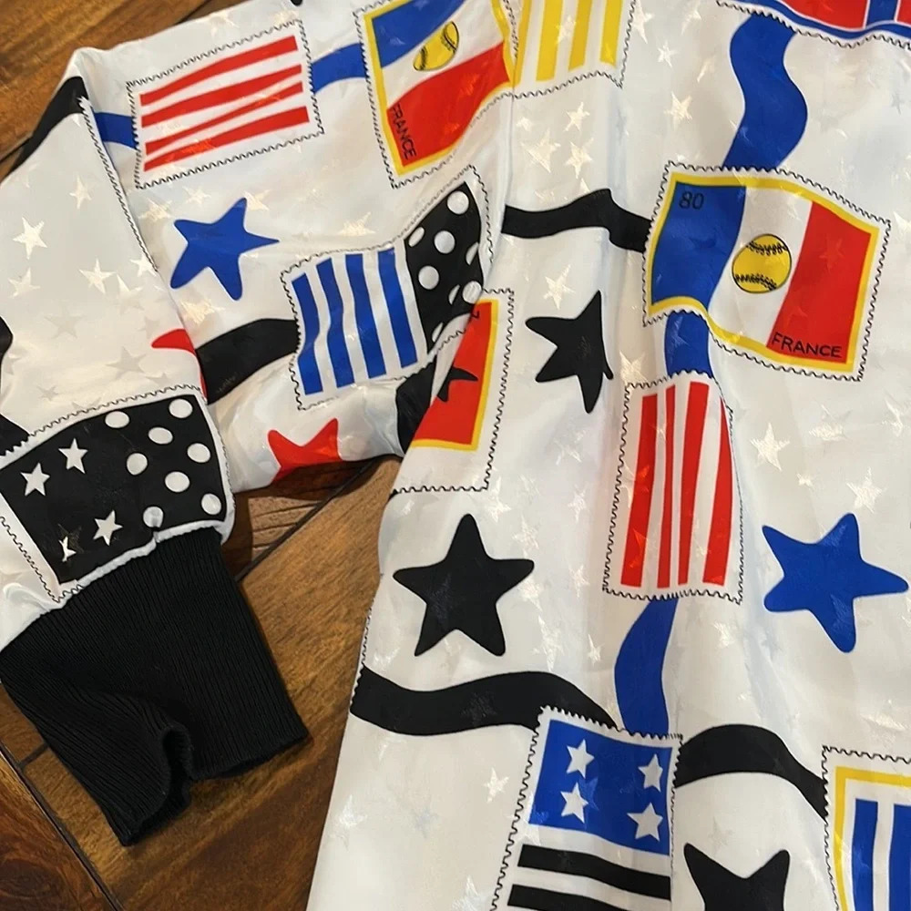 Vintage Jordana Stamps Flags zip Up Jacket Elastic Waist Blouse Small - Picture 4 of 16